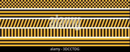 Satz Markierungsstreifen für Taxiwagen oder Warnbänder isoliert auf weißem Hintergrund. Schwarz-gelb karierte und gestreifte Texturen. Verboten, Sicherheit Stock Vektor