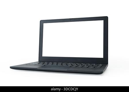 Schwarzer Laptop mit leerem, weißem Display, isoliert auf weißem Hintergrund, flacher Vorderansicht. Perfekt für Website-Mockups, Online-Lernen, Business, Offi Stockfoto