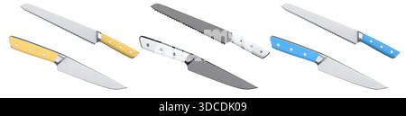 Set aus Küchenmessern des Küchenchefs mit einem Holzgriff, isoliert auf weißem Hintergrund. 3D Render von Metzgermessern oder professionellen Küchenutensilien Stockfoto