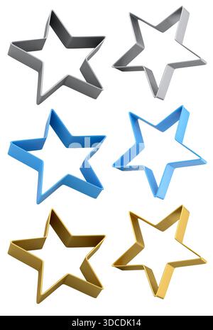 Set aus Metall-Ausstechformen für hausgemachten Weihnachtsgebäck auf weißem Hintergrund. 3D Herstellung von Lebkuchengebäck in der Küche. Stockfoto