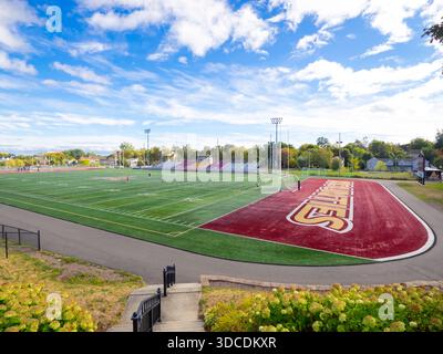 Ein Blick auf die Mount Allison University Männer-Fußballmannschaft, die auf dem Alumni Field, der Mount Allison University, Sackville, New Brunswick, Kanada, trainiert. Stockfoto