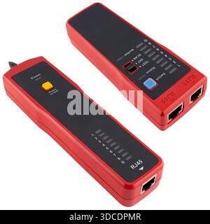 Rotes Prüfgerät zur Prüfung der Wartungsfreundlichkeit von RJ45- und RJ11-Netzwerkkabeln mit LED-Paaranzeigen. Auf weißem Hintergrund in der Isolierung. Stockfoto