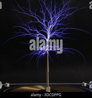 Eine helle elektrostatische Entladung von einer Tesla-Spule mit blauen verzweigten Blitzschlägen auf schwarzem Hintergrund. Stockfoto
