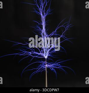 Hochspannungsentladung von einer Tesla-Spule mit hellen Plasmazweigen und Leuchtbögen. Stockfoto