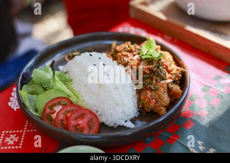 Schüssel mit köstlichem, scharfem, gebratenem Huhn mit Basilikum, serviert mit weißer Reistomate und frischem Gemüsesalat auf traditionellem Appet Stockfoto