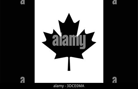 Klassische schwarz-weiße Grafik der kanadischen Flagge mit einem stilisierten Ahornblatt-Emblem auf einem zentralen weißen Hintergrund, flankiert von zwei schwarzen Vertikalen Stock Vektor