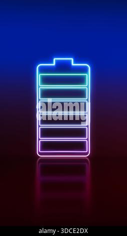 Symbol für voll aufgeladenen Akku, das Leistung, Energie und optimale Leistung mit lebendigem Gradientenneonlicht auf einer reflektierenden Oberfläche veranschaulicht Stockfoto
