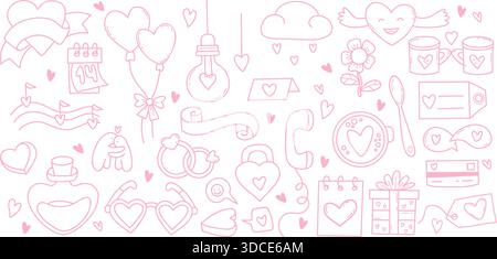 Pink Outline Love Doodle Set. Design-Kit und Kollektion mit handgezeichneten Elementen für den Valentinstag in Isolation. Vektorabbildung. Nicht AI Stock Vektor