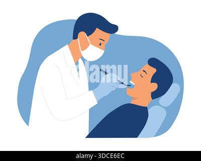 Zahnärztliche Untersuchung der Zähne des Patienten in der Zahnklinik. Illustration des flachen Vektors. Stock Vektor