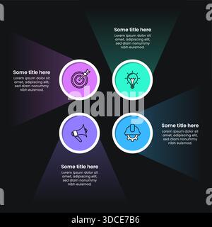 Infografik-Vorlage mit Symbolen und 4 Optionen oder Schritten. Leuchtende Kreise. Kann für Workflow-Layout, Diagramm, Banner und Webdesign verwendet werden. Vektorillustrat Stock Vektor