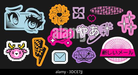 Vintage Y2K Anime Aufkleber Set isoliert auf schwarzem Hintergrund. Vektor-Illustration von Pixeltikonen, karierten Blitzen und Startformen, asiatische Hieroglyphen, süße Mädchenaugen, Planet, nostalgisches Design Stock Vektor