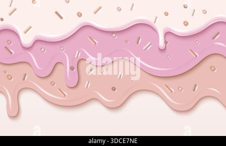 Rosafarbener Süßigkeiten-Tropfhintergrund mit fließender Creme-Textur und Streuseln - süß schmelzende Zuckerguss-Grenze mit realistischer Flüssigglasur. Glänzende Tropfschichten mit dekorativen Elementen für Dessertdesign. Stock Vektor