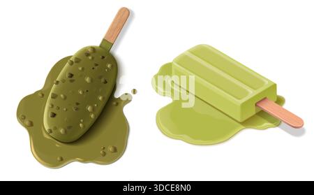 Schmelzendes Eis-Eis mit grünem Pistaziengeschmack auf weißem Hintergrund. Realistische 3D-Illustration von Holzstab und tropfender Pfütze. Sommerdessert mit gefrorenem Leckerli und Flüssigspritzer Stock Vektor