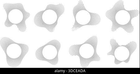 Kreisförmige Klangvisualisierung mit Radialwellenlinienmuster-Vektorsatz. Abstrakte geometrische Burst-Form des Audio-Spektrums. Stock Vektor