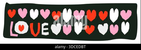 Horizontales Vektor-Banner mit Collage-Herzen in Rosa und Rot auf schwarzem Hintergrund, Fett moderner Text Liebe zum Valentinstag, Broschüre, Social Media de Stock Vektor