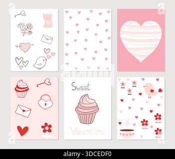 Niedliche einfache Grußkarten oder Notizen in rosa und roten Farben für Valentinstag, Liebe und Freundschaft Stock Vektor