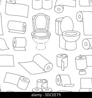 Nahtloses Umrissmuster mit Toilettenpapierrollen und Toilettenschalen auf weißem Hintergrund Badezimmer Dekorvektor Stock Vektor