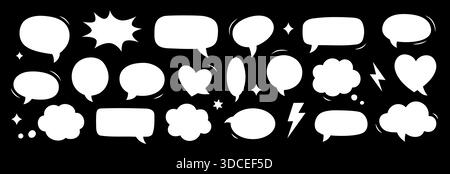 Weiße Comic-Sprechblasen auf schwarzem Hintergrund. Auffällige Ballons mit Doodle-Talk-Design, Kommunikation und grafischer Illustration Stock Vektor