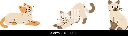 Set aus drei Karikaturkatzen, die liegen, sich Strecken und sitzen. Flache Vektor-PET-Illustration im minimalen Stil Stock Vektor