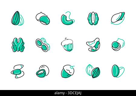 Verschiedene Muttern – Satz von Symbolen im Liniendesign Stock Vektor