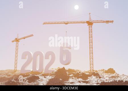 Bereiten Sie sich darauf vor, das neue Jahr 2026 zu begrüßen. Große Baustelle, Baukrane mit den Nummern 2026. Das Bauteam setzt Zahlen für Neujahr 2026. Stockfoto