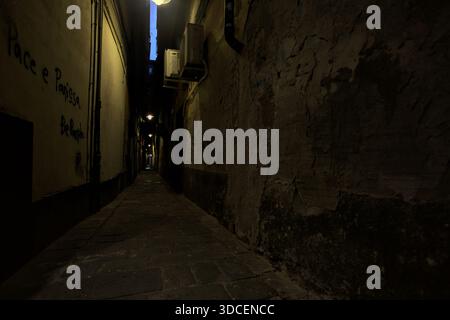 Sehr enge Gasse mit ein paar Graffiti und Straßenlaternen und einem offenen Geschäft weit in der Ferne in der Dämmerung Stockfoto