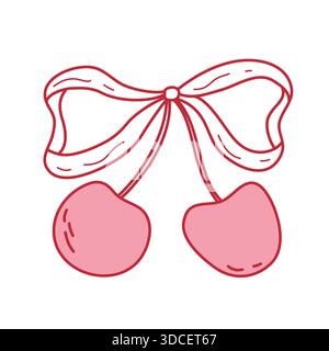 Handgezeichnete Schleifenschleifen mit Kirschen im Coquette-Stil. Doodle Line Art trendige Girly Beere, romantische Obstdekoration zum Valentinstag, Einladungen Stock Vektor