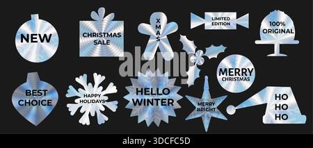 Holografische Aufkleber, Etiketten für weihnachten. Set mit Hologramm-Etiketten, Tags für Weihnachtsverkauf, Sonderangebote. 3D realistische holografische weihnachtselemente Geschenk, Schneeflocke, Kugel, stechpalme Beere, Stern, weihnachtsmütze und Süßigkeiten. Stock Vektor