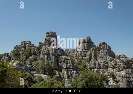 Zerklüftete Kalksteinlandschaft mit einer Vielzahl von Karstformationen und wilder mediterraner Flora, die zwischen ihren Rissen wächst. Torcal de Antequera Natural Stockfoto