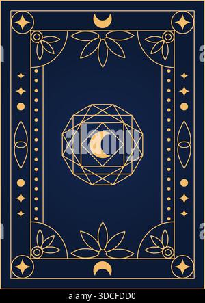 Mystisches Tarot-Kartenrückendesign mit goldenen Himmelssymbolen, Mondsichel, Kristall, Lotusblüten und geometrischem Muster auf marineblauem Hintergrund. Es Stock Vektor