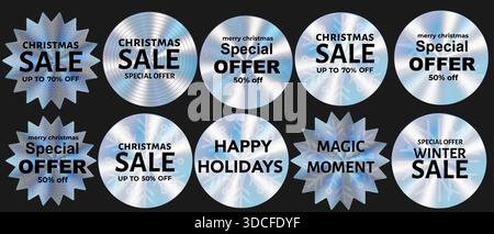 Holografisches weihnachtsaufkleber-Set. Hologrammetiketten, Tags für Weihnachtsverkauf, Sonderangebote. 3D realistisches holografisches weihnachtsset, Happy Holidays, magischer Moment Text. Stock Vektor