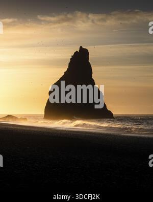 Blick auf eine monolithische dunkle Felsformation, die aus dem schwarzen Sand steigt, während Wellen unter einem goldenen Sonnenuntergang um die Basis stürzen, Reynisfjara, Island. Stockfoto