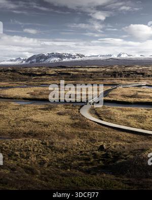 Blick auf einen gewundenen Pfad, der durch die goldene isländische Landschaft führt, der zu entfernten, schneebedeckten Bergen unter einem ruhigen Himmel führt, Thingvellir, Isländisch Stockfoto