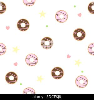Herrliches nahtloses Muster mit süßer Schokolade und rosa glasierten Donuts mit pastellfarbenen Sternen, Herzen und Punkten. Ideal für Stoffe, Tapeten, Verpackungen Stock Vektor