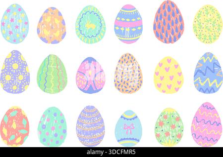 Kreidefrühlingseier. Dekoratives osterei mit verschiedenen Ornamenten, Herzen, Häschen, Blättern, Bogen. Isolierte saisonale festliche Einrichtung, neoterisches Vektorset Stock Vektor