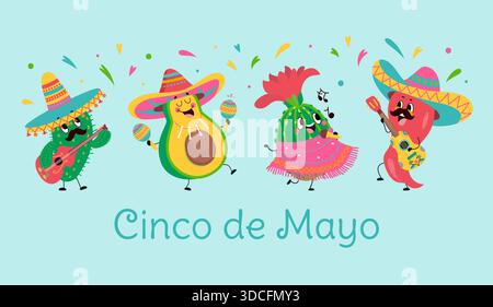 Cinco de Mayo-Banner. Pfeffer, Avocado und Kakteen tragen traditionelle mexikanische Kostüme und Sombrero. Musikalische Charaktere tanzen, heute Vektorbanner Stock Vektor