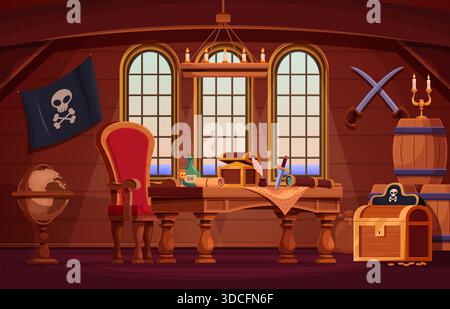 Piratenschiff Captain Kabine. Cartoon-Inneneinrichtung mit Holztisch, Fässern, Rum-Flasche, Stuhl und antikem Globus. Holzzimmer auf dem Boot, Abenteuer auf dem Meer sapid Stock Vektor