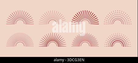 Abstrakte Symbole für Halbsonne, Sonnenaufgang, Sonnenuntergang. Rote konzentrierte Linien, moderner Burst, Feuerwerk, Sonneneffekt. Stock Vektor