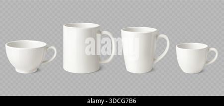 Keramikbecher für Kaffee und Tee. Weiße realistische Becher-3D-Vorlage. Glänzende Becher mit Reflexion für Logo, Verpackung und Illustration. Vektor-isolierter Satz. Stock Vektor