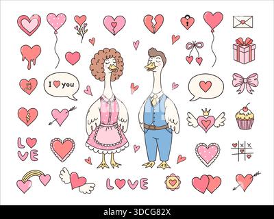 Cartoon-Set mit romantischen Gänsepaaren und Valentinstag-Elementen Stock Vektor