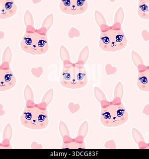 Nahtloses Muster mit niedlichen rosa Häschen, die von Herzen verstreut sind Stock Vektor