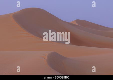 Blick auf sanfte Dünen aus orangefarbenem Sand, die sich bei Sonnenuntergang unter einem weichen Lavendelhimmel tummeln und eine ruhige Wüstenlandschaft schaffen, Bateen Liwa, Abu Dhabi, Vereinigte Arabische Emirate Stockfoto
