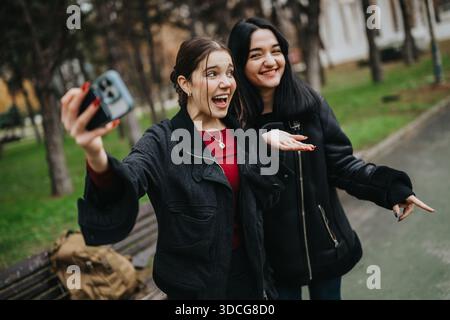 Zwei Teenager-Freunde machen ein verspieltes Selfie in einem Park, lächeln und genießen den Moment Stockfoto