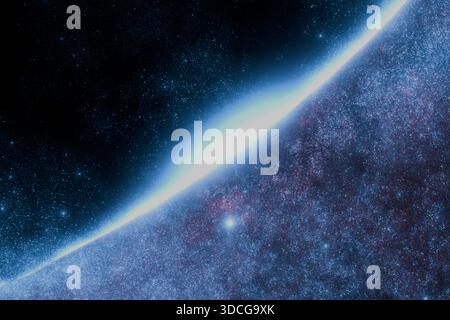 Fantastischer Raum mit vielen Sternen, Planeten, Sternen und Galaxien. Sternenhimmel, Konzept. Explosion und schwarzes Loch. Horizont im Raum Stockfoto