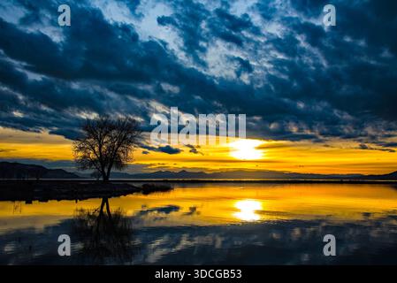 Sonnenuntergangsbilder auf dem Utah Lake. Dieser Bereich bietet wunderschöne Sonnenuntergänge und Reflexionen im Wasser. Stockfoto