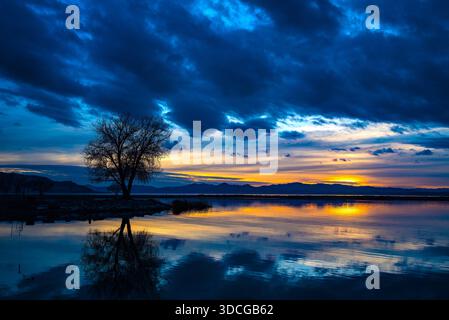 Sonnenuntergangsbilder auf dem Utah Lake. Dieser Bereich bietet wunderschöne Sonnenuntergänge und Reflexionen im Wasser. Stockfoto