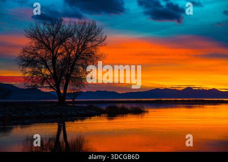 Sonnenuntergangsbilder auf dem Utah Lake. Dieser Bereich bietet wunderschöne Sonnenuntergänge und Reflexionen im Wasser. Stockfoto