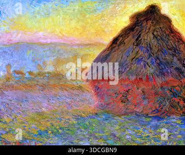 Claude Monet, Heuhaufen (Sonnenuntergang), 1891, impressionistisches Öl, sonnenbeschienene Heuhaufen in einer ländlichen Landschaft mit warmen Farben. Stock Vektor