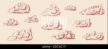 Skurrile Wolken handgezeichnet Set. Vintage-Sketch-Himmel mit Doodle. Retro-Tusche, roter Bleistift, Cloudskape. Vektorgrafik für raues Wetter isoliert auf Be Stock Vektor