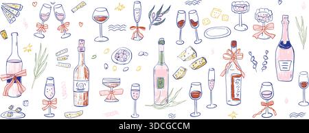 Skizzieren Sie skurrile Weinflaschen, Gläser Buntstifte. Farbenfrohe Doodle Cocktails, Sommerillustrationen für Barmenü und Geburtstagsfeier. Verkostungsabend Stock Vektor